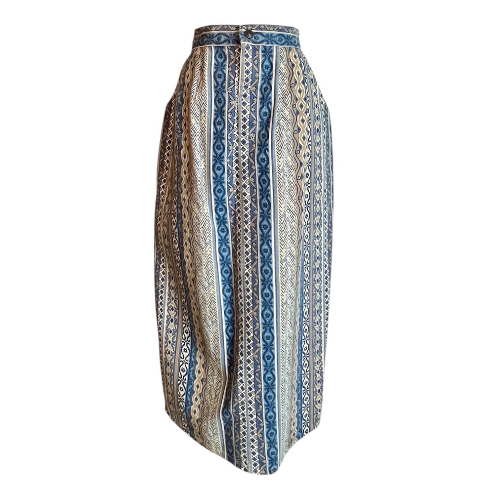 Vintage Vivaldi Jeanswear Blue Geometric Tribal Denim Maxi Skirt Made in‎ USA 8